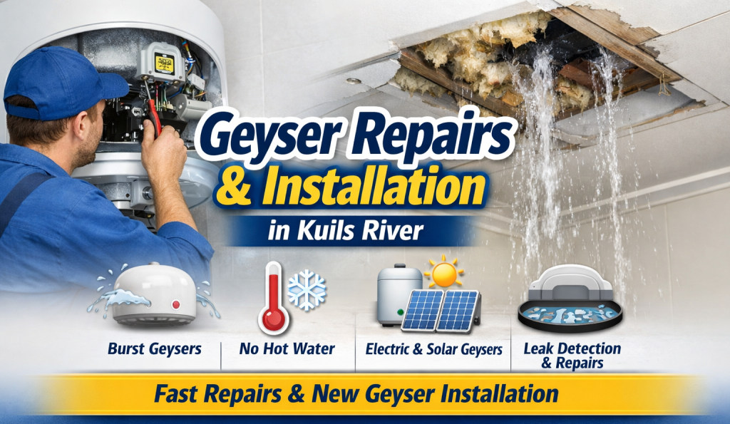 Geyser repairs and installation in Kuils River showing professional plumber fixing a burst hot water geyser