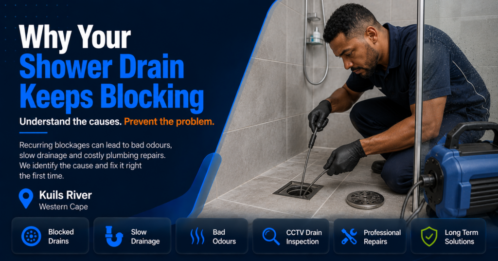 Blocked shower drain in Kuils River caused by hair and soap buildup